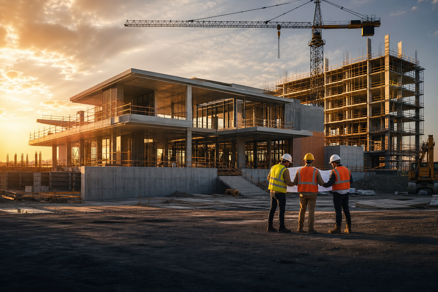 Modern building under construction at golden hour